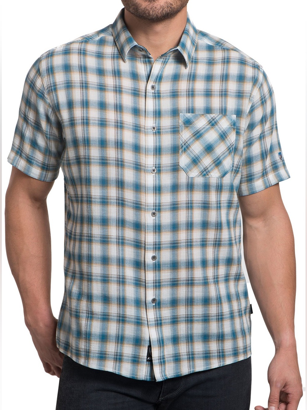 Kuhl Men's Tropik Shirt Blue Beige Plaid Organic Cotton Outdoors Mountains Sz L